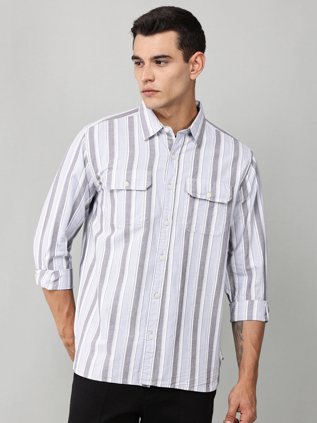 Taupe Striped Double Pocket Shirt
