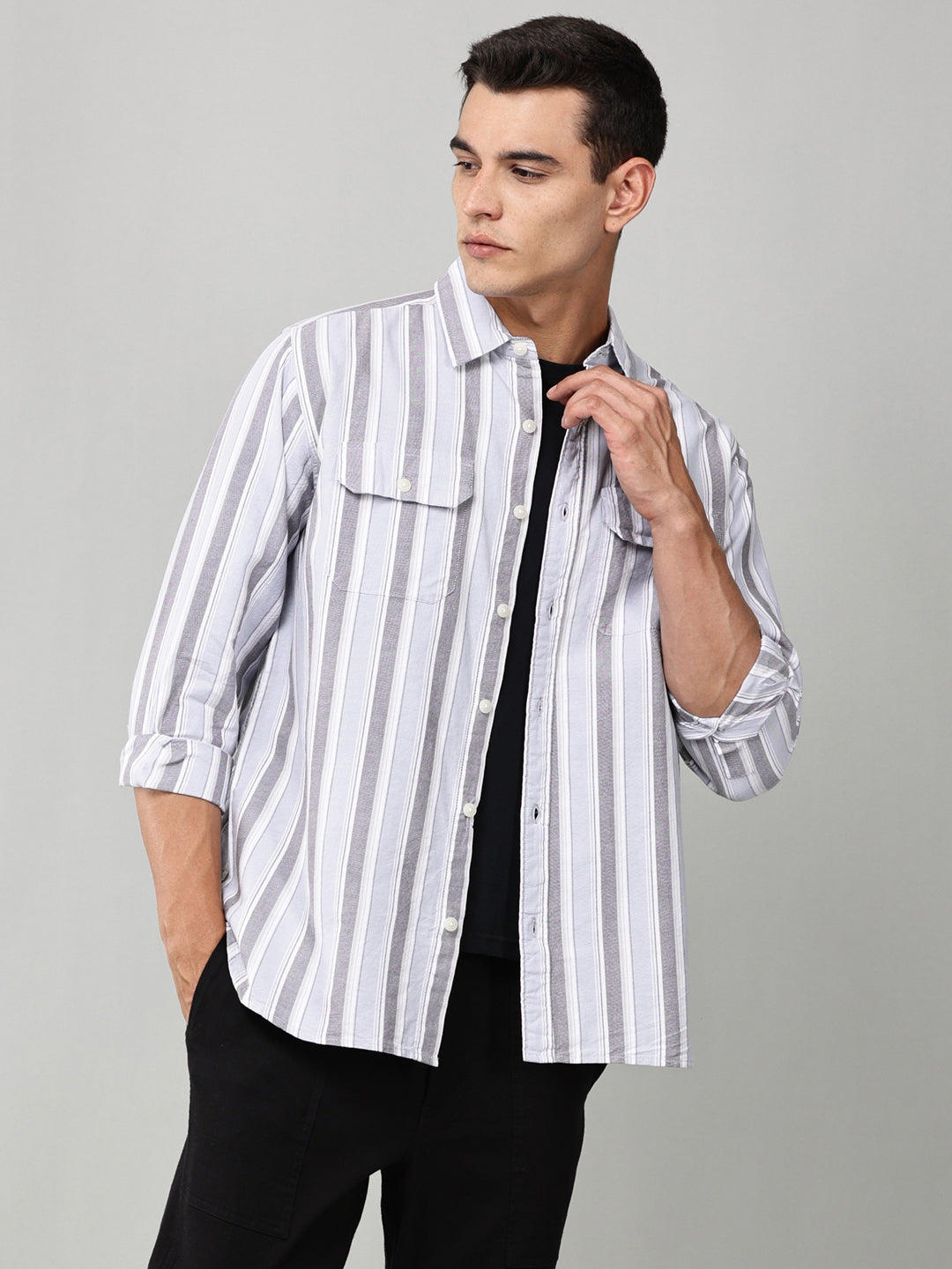 Taupe Striped Double Pocket Shirt
