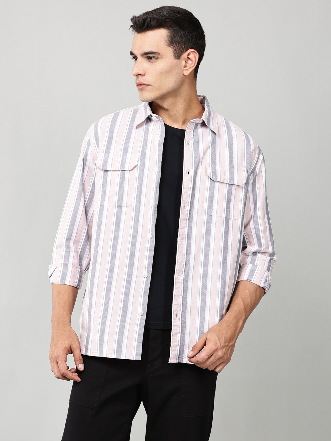 Taupe Striped Double Pocket Shirt