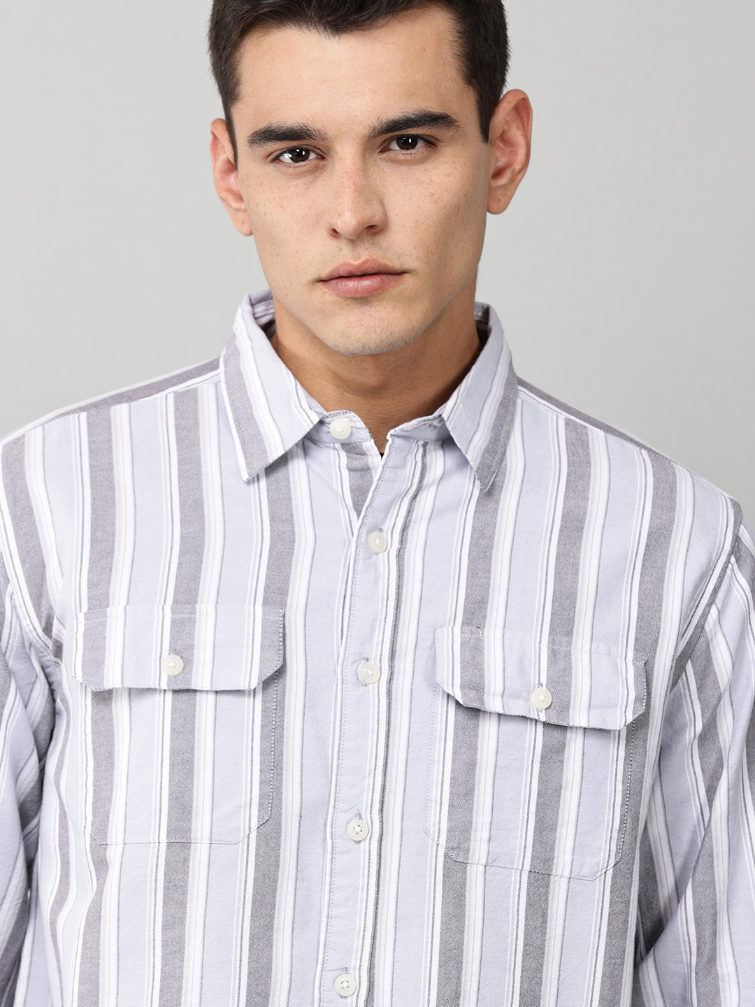 Taupe Striped Double Pocket Shirt
