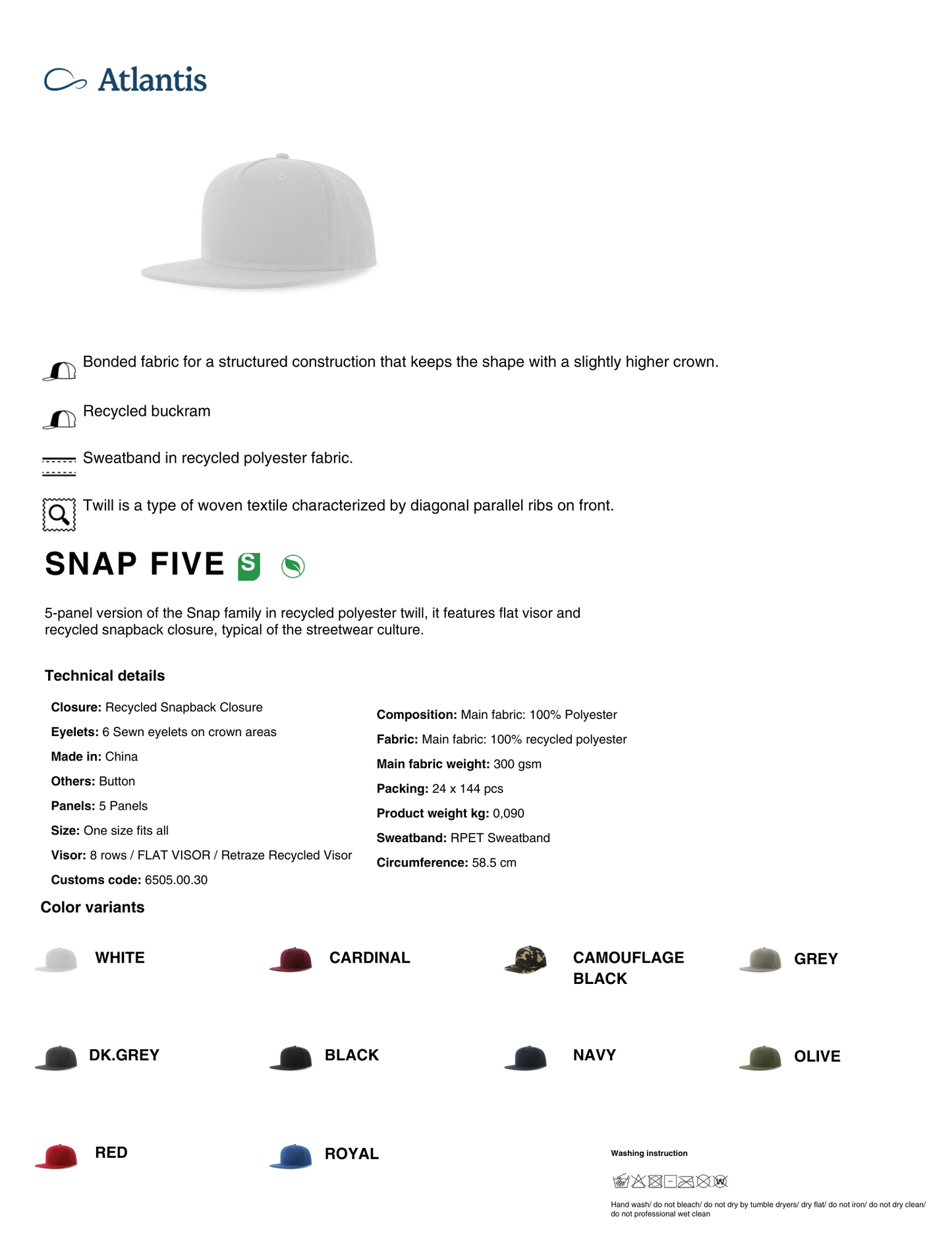 Snapback Flat Visor 5 Panel Sustainable Cap Adult - Atlantis