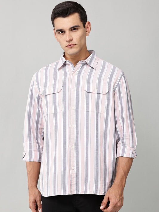 Taupe Striped Double Pocket Shirt